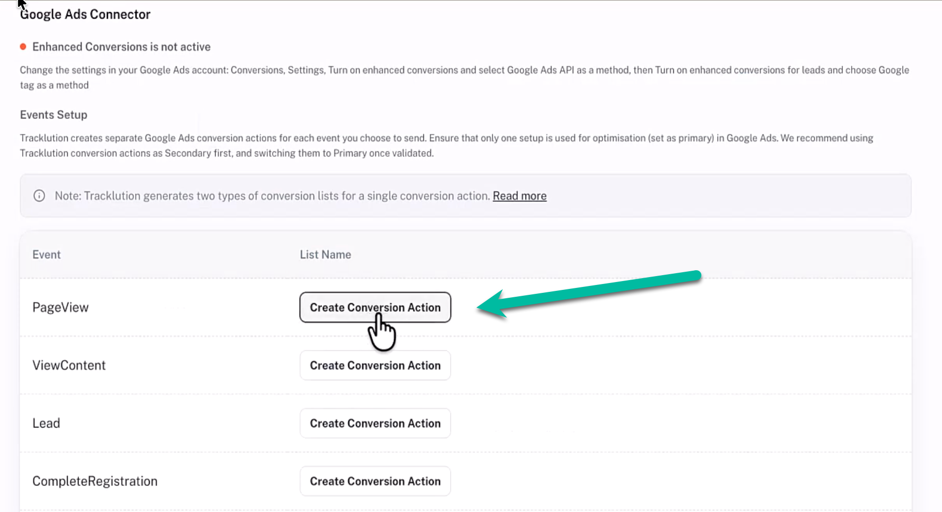 Creating Google Ads conversion actions from the Tracklution interface