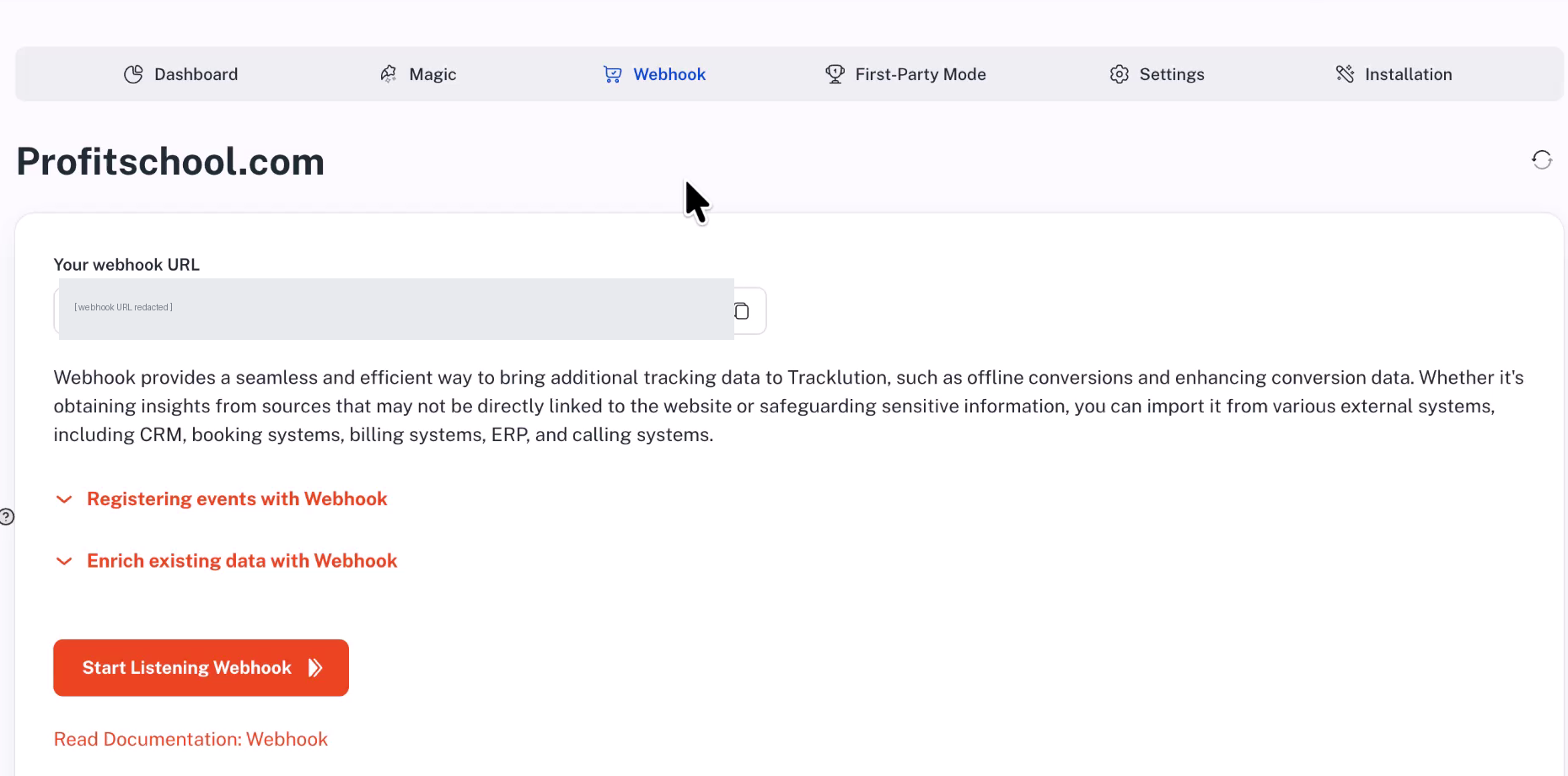 Tracklution Webhook tab showing the Magic Webhook URL field, with the URL redacted