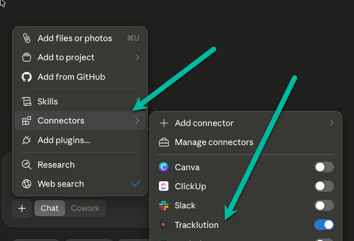 Claude Desktop Connectors menu with the Tracklution custom connector toggled on