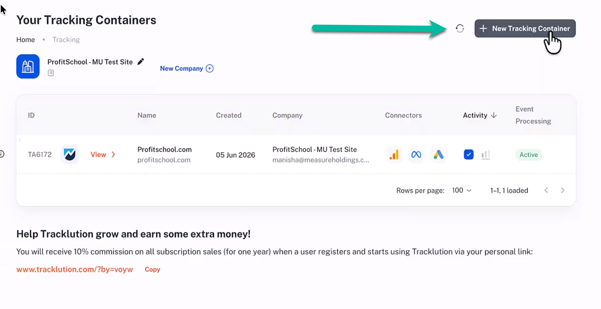 Creating a new tracking container in Tracklution