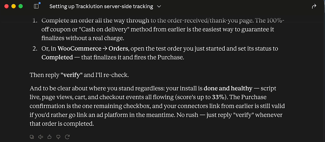 Claude Desktop suggesting ways to complete a test purchase, including a 100%-off coupon or setting the WooCommerce order status to Completed