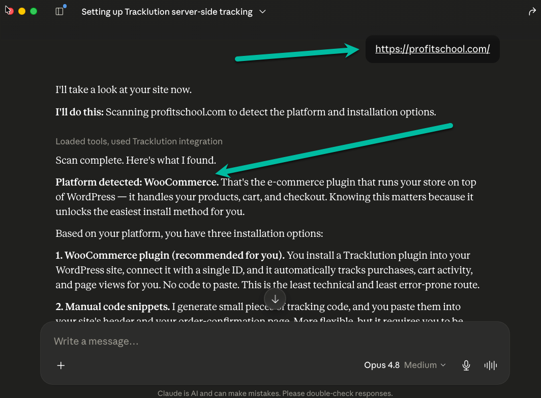 Claude Desktop scanning the website and detecting the WooCommerce platform with three installation options
