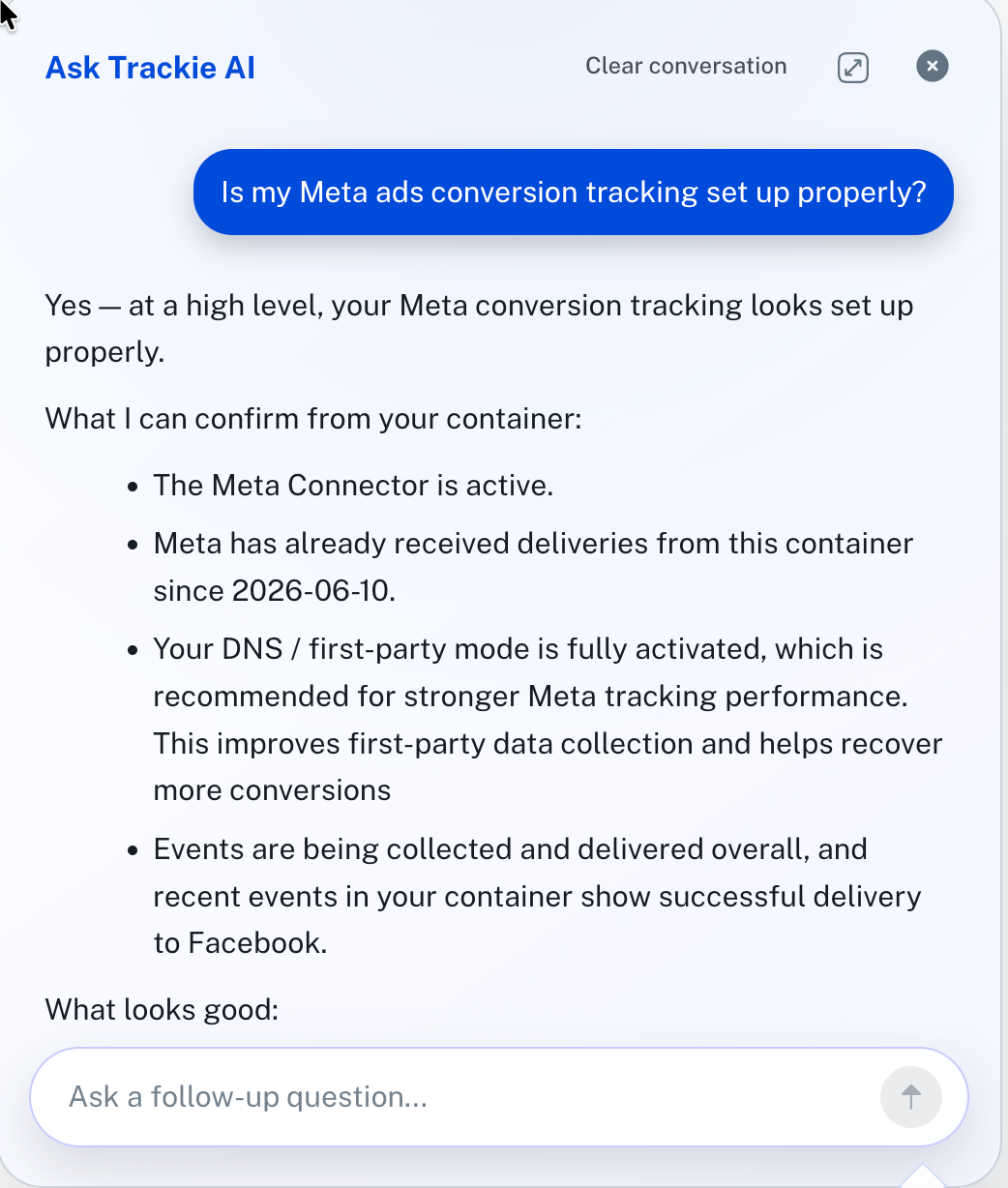 Trackie AI assistant confirming Meta ads tracking setup