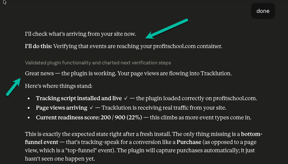 Claude Desktop verifying that page views are flowing into Tracklution with a readiness score