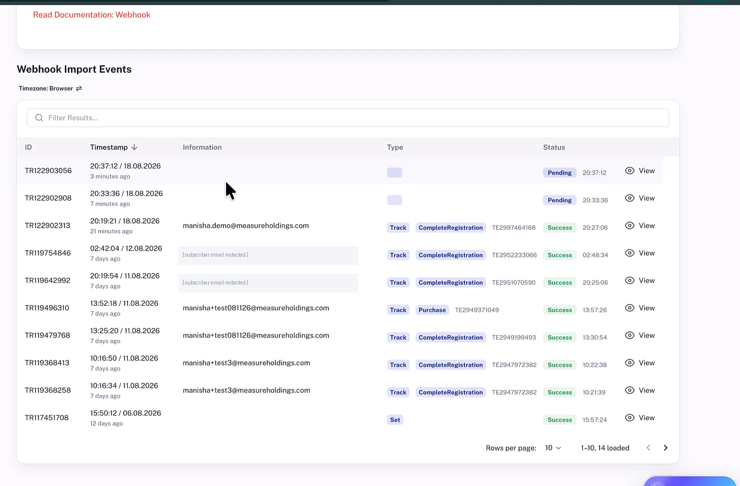 Tracklution Webhook Import Events table showing pending and successful event imports with subscriber emails redacted