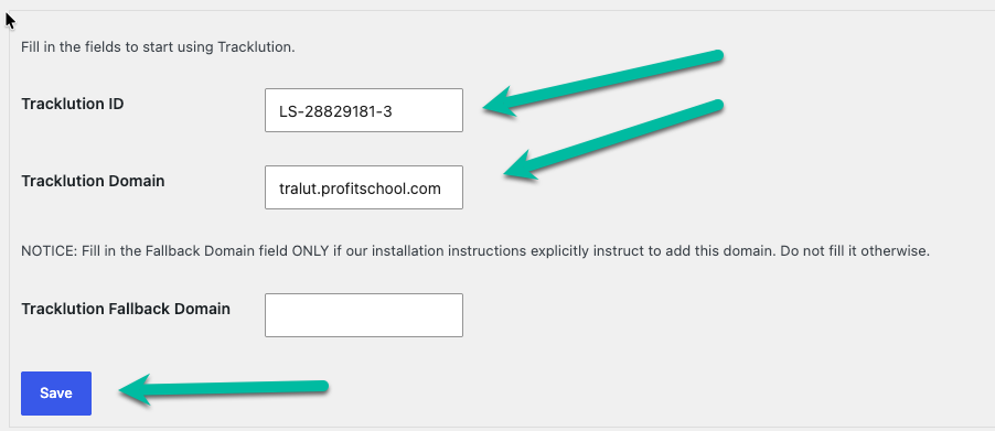 Tracklution WooCommerce plugin settings showing the Tracklution ID and Tracklution Domain fields