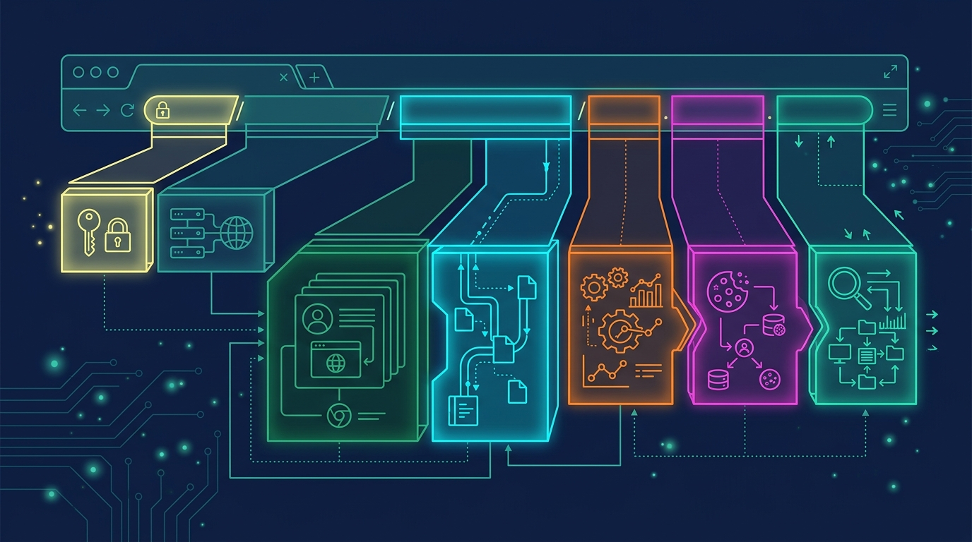 Technical illustration showing the anatomy of a URL with color-coded tracking parameter segments