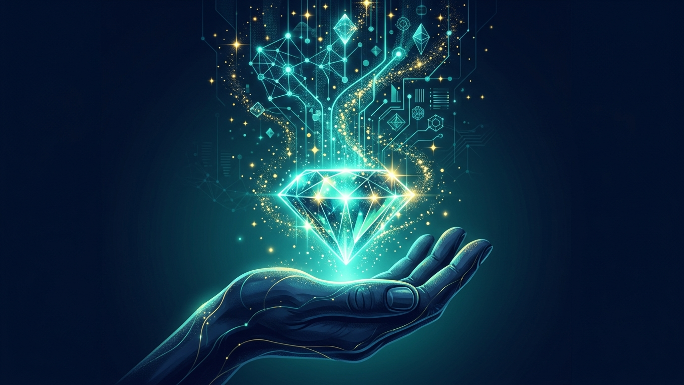 Glowing diamond above an open hand with data particles representing high-value consulting outcomes