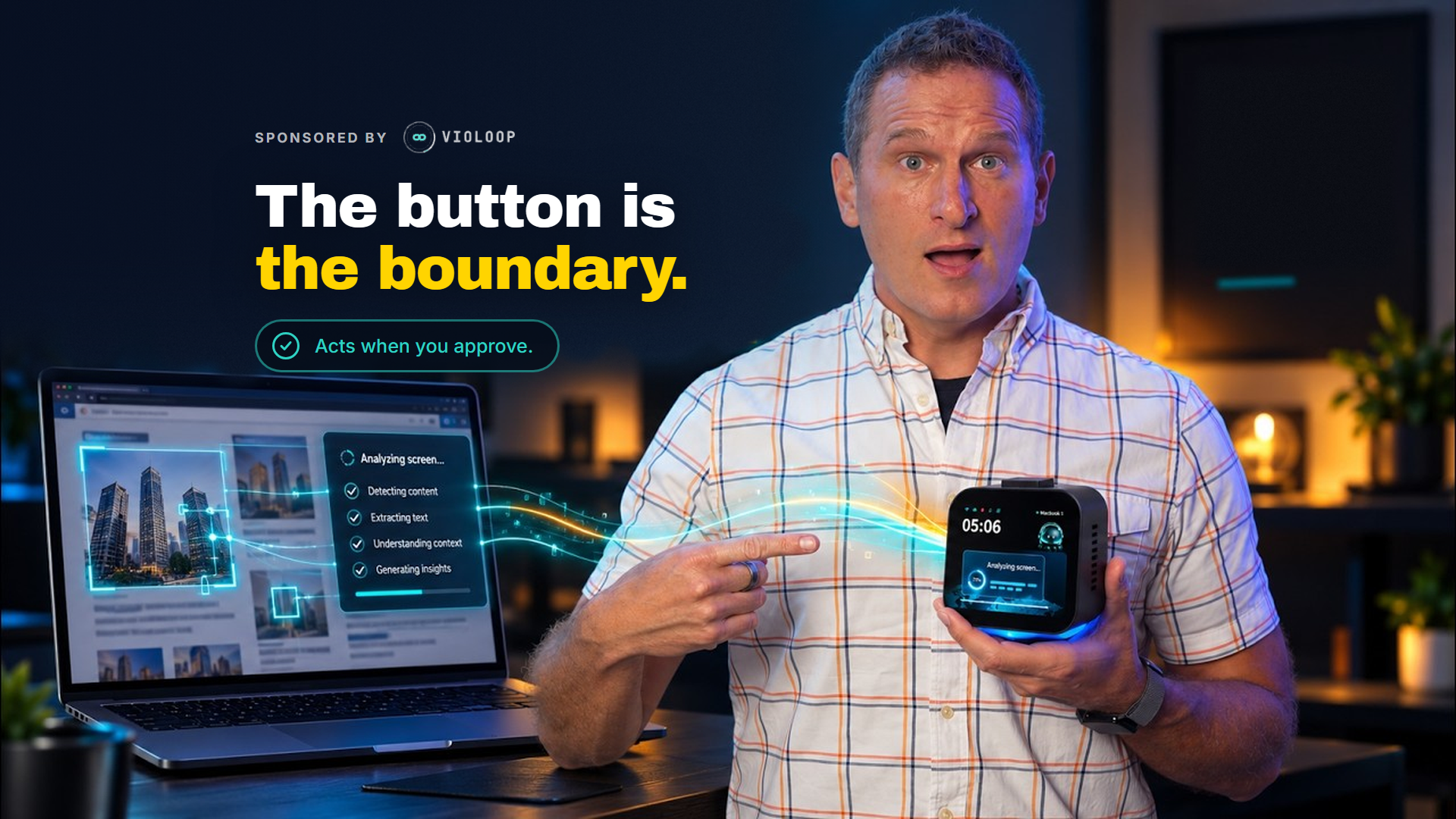 Jeff Sauer holding the Violoop device and pointing at a laptop screen, with the headline The button is the boundary