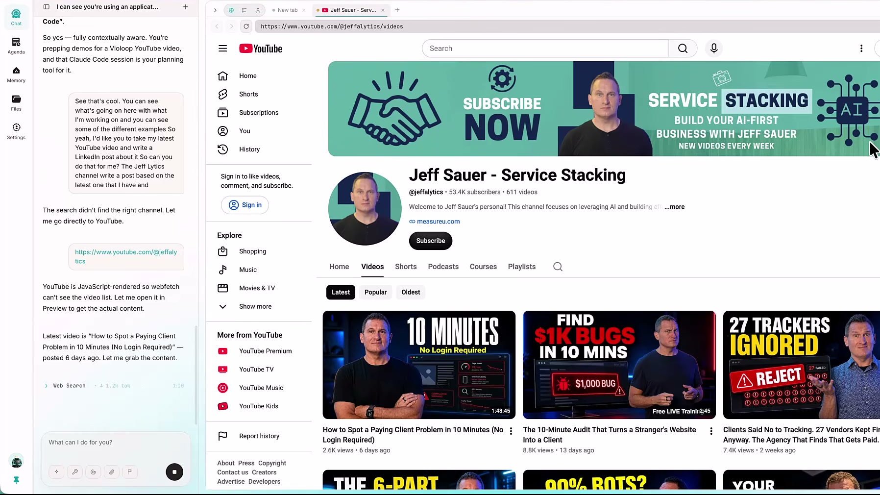 Violoop's built-in browser open to the Jeff Sauer YouTube channel videos page, with the chat panel on the left