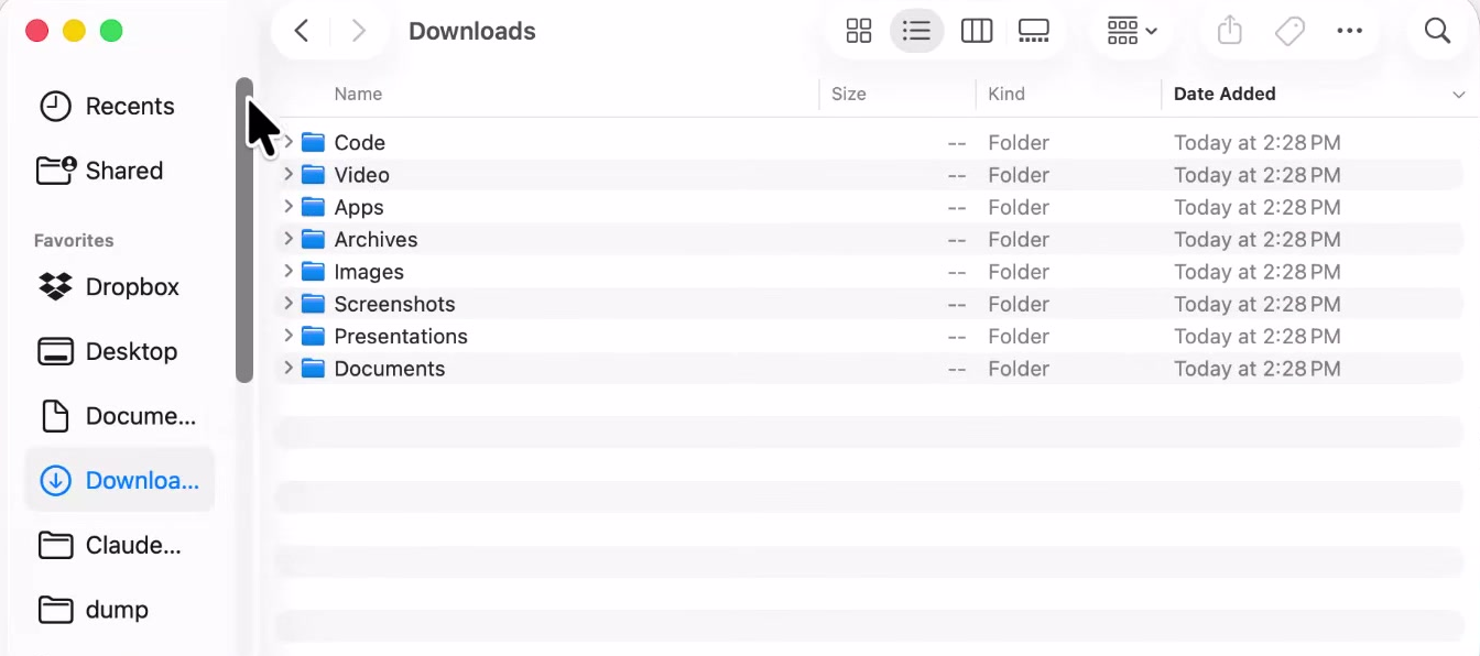 Mac Downloads folder after Violoop sorted it into Code, Video, Apps, Archives, Images, Screenshots, Presentations and Documents folders