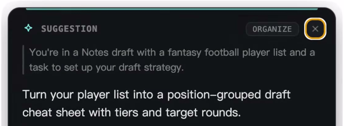 Violoop proactive suggestion card offering to turn a fantasy football player list into a draft cheat sheet