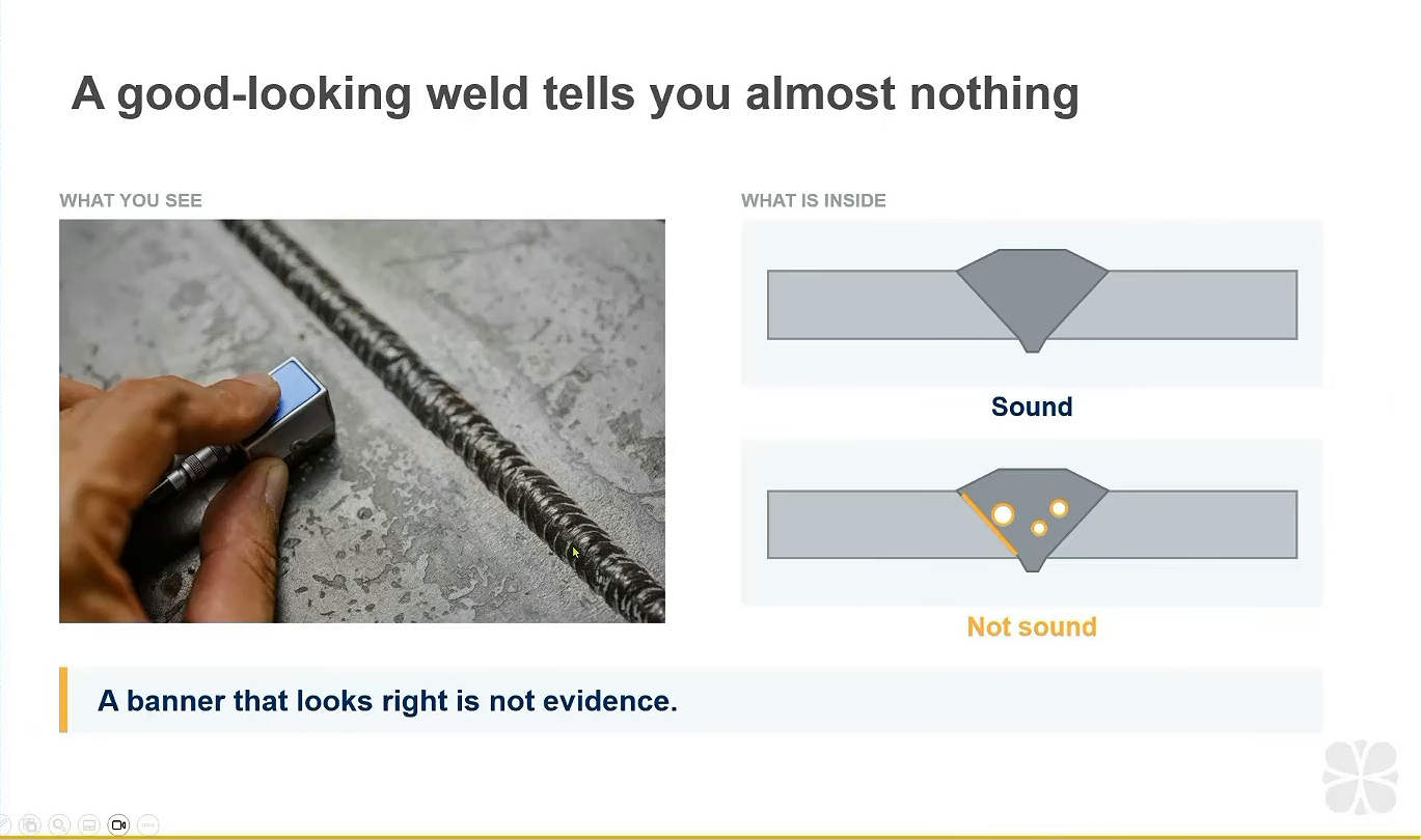 Slide: a good-looking weld tells you almost nothing, a banner that looks right is not evidence