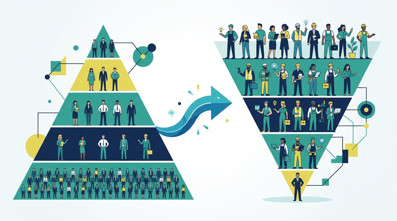 Traditional workforce pyramid with many junior roles at base flipping to inverted pyramid where senior expertise is most valuable