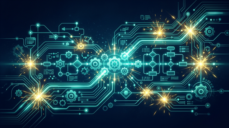 Abstract digital art showing workflow automation pathways with interconnected gears and sparks
