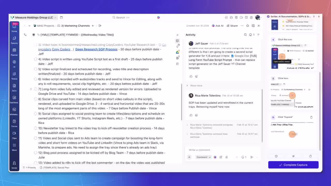 ClickUp task showing 13 numbered YouTube production SOP steps being captured by Scribe documentation tool